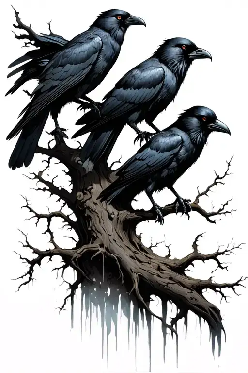 An All Black Poison Tree With Perched Ravens In A Trashy Style