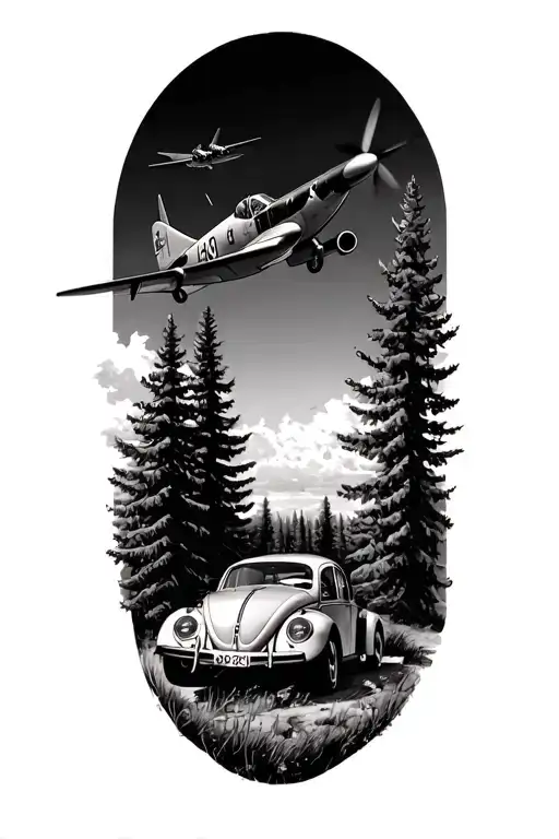 Doug Fir Trees With A P-51 Mustang Flying Overhead And A Vw Beetle Parked Near The Base Of The Trees