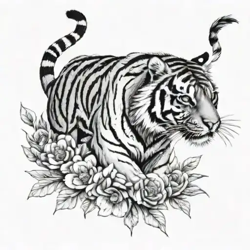 Tiger Running In Flowers