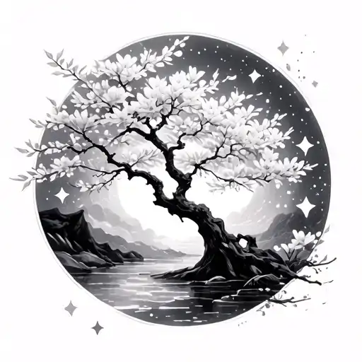Sakura Tree Branches And Stars Surround