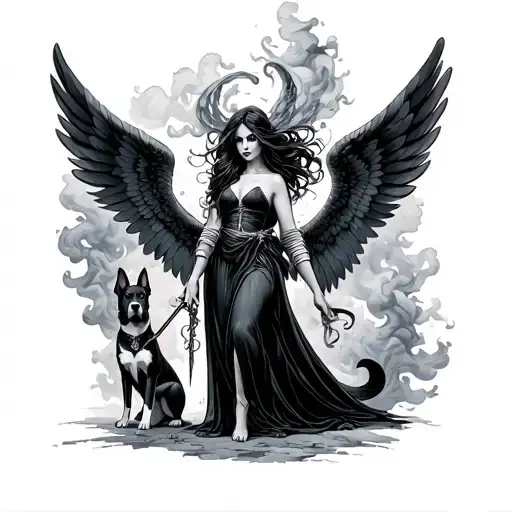Dark Angel Woman With Wings Holding Staff Intertwined Into Smoke With A Dog Besides