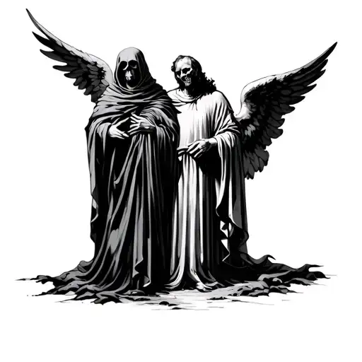 Cloaked Death Stands Beside To The Left Of A Man With And Angel Standing To The Man's Right