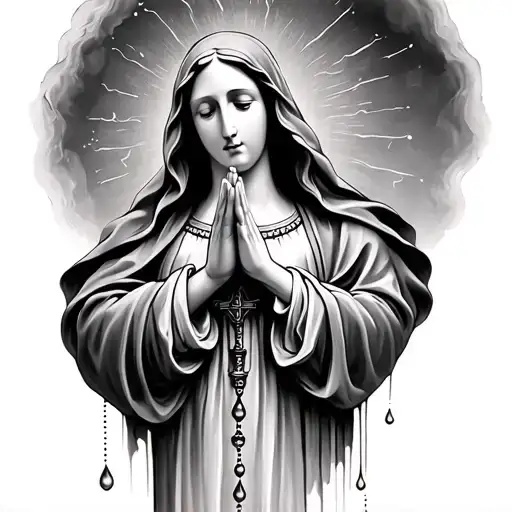 Virgin Mary Praying With A Rosary And Tears Falling