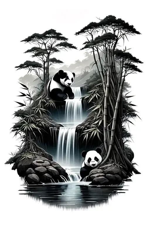 Bamboo Forest With Waterfall And Panda