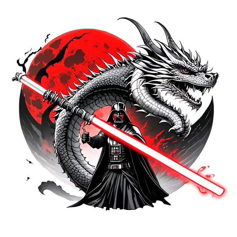 Japanese Dragon Going With Samuari Darth Vader In Front Light Saber Down With Red Moon Behind
