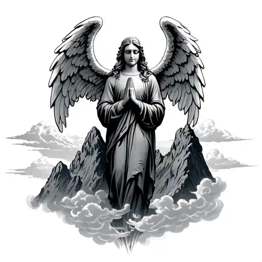 Angel Praying With Heaven Gates Mountain And Clouds