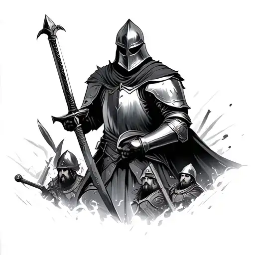 Knight Holding Sword In A Battlefield Scene With Soldiers