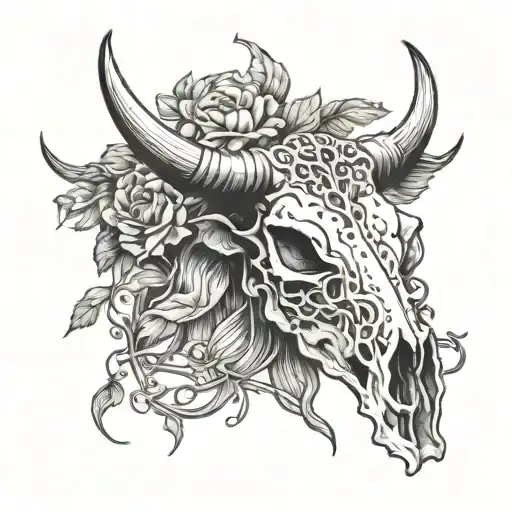 Horned Cow Skull With Vines Hanging Off Of The Horns