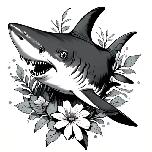 Shark With Flower And Lines Throughout That Would Go On A Girls Rib Cage