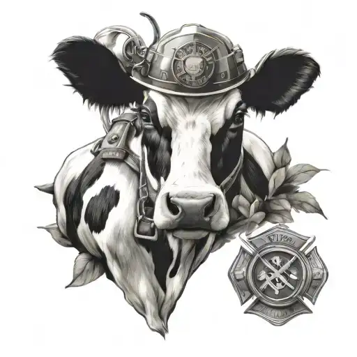 Illustrate An Emt Symbol With A Cow And Firefighter Gear In A Natural Setting