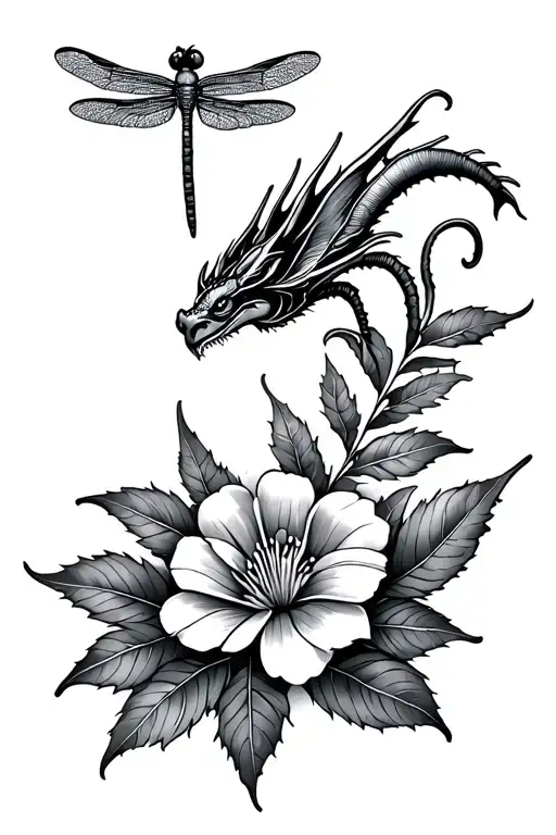 Leaves And Flower With Dragon Fly Fineline