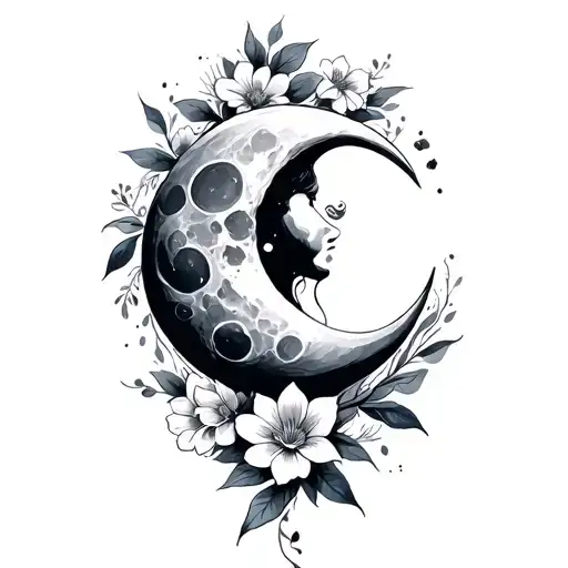 Moon Surrounded By Flowers And Swirls