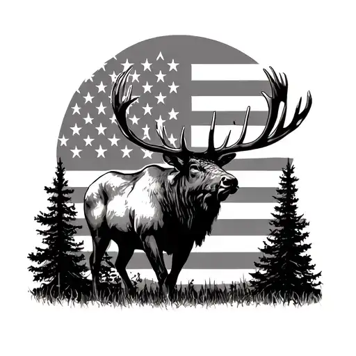 Bull Elk American Flag Arm Sleeve Tattoo With Nature Back Ground