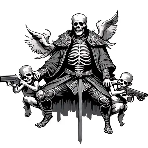 Skeleton Samurai With Three Cherubs Holding Guns