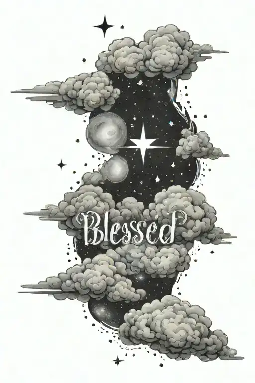 A Majestic Black And Grey Tattoo Of A Starry Sky With Clouds Parting To Reveal The Word 'Blessed'