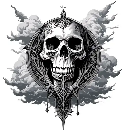 Gothic Cathedral Fore Arm Tattoo Skull In The Clouds In The Background