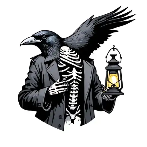 Skeleton Crow Wearing A Trench Coat Holding A Broken Lantern And A Potion Bottle