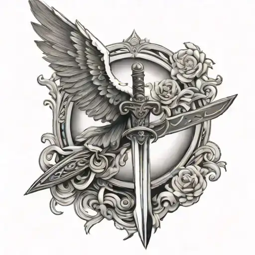 Arched Wings With Sword In The Middle On The Back