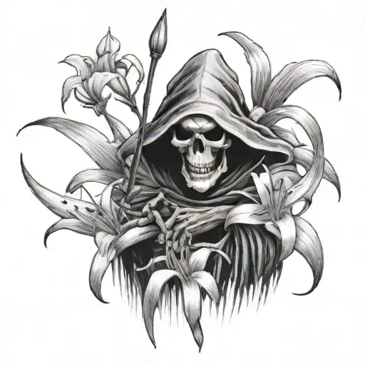 A Photorealistic Tattoo Of A Grim Reaper Holding And Looking At A Spider Lily Flower