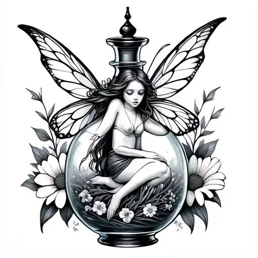 Fairy In A Bottle Surrounded By Flowers