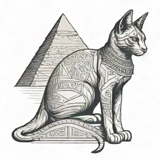 Egyptian Cat Between Pyramids