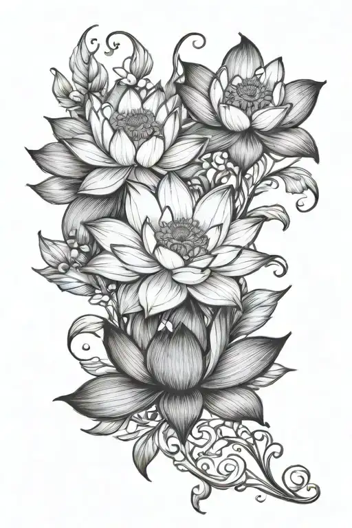Lotus With Larkspur Flower Vines Thin Small Drawing