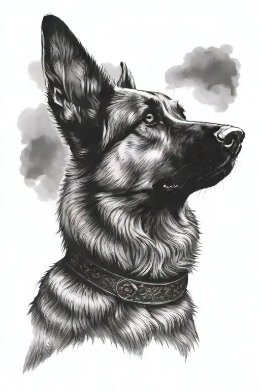 A German Shepard At The Gates Of Heaven Looking Up At The Sky