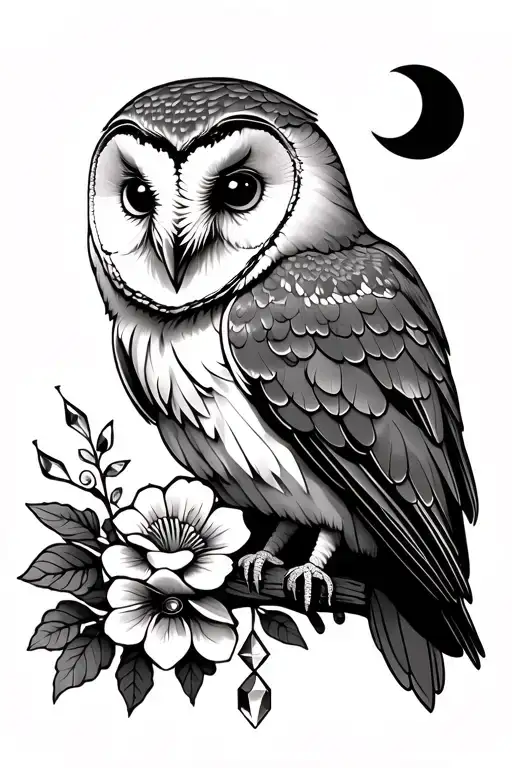 Barn Owl With Flowers And Crystals And Moon