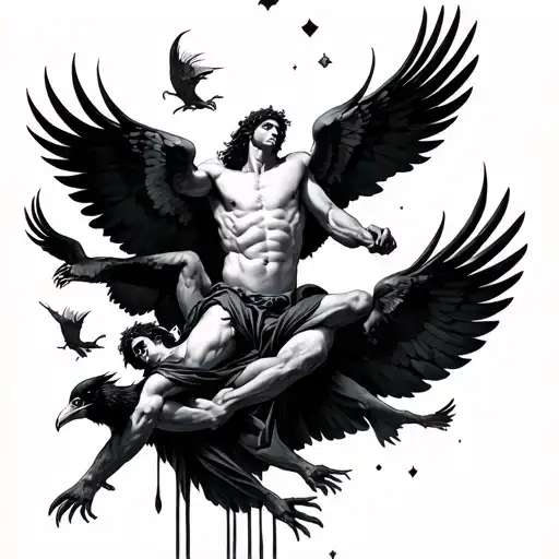 Icarus Falling With Black Ravens Encircling Him