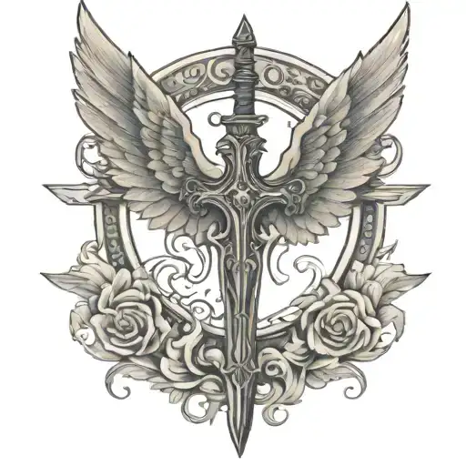Back Tattoo Witharched Wings And Sword In The Middle