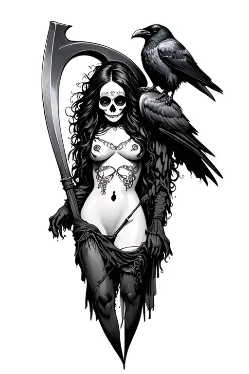 Sexy Santa Muerte With Raven Perched On Scythe