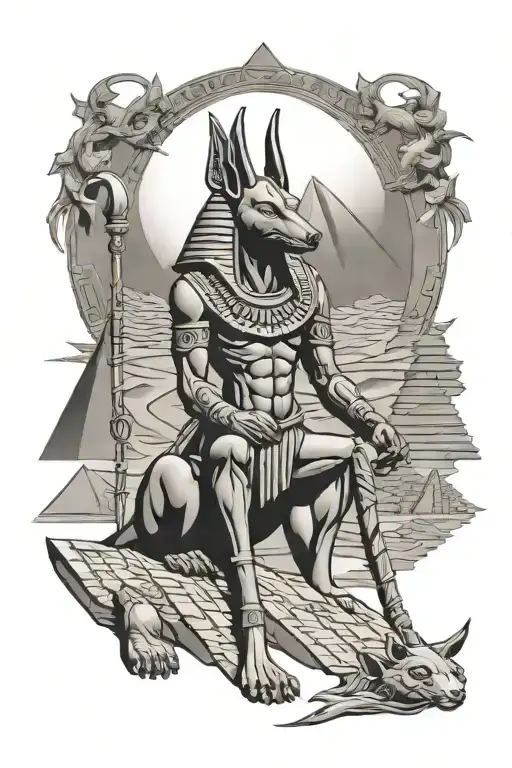 Anubis Standing Over Pyramids Sun Moon