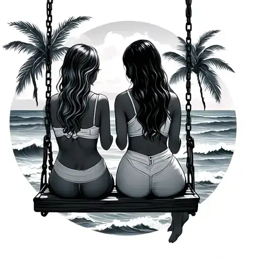 Two Girls Sitting On Swing With View To Ocean Waves