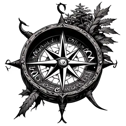 Old School Mysterious Viking Compass With Runes With Nature Inside The Compass