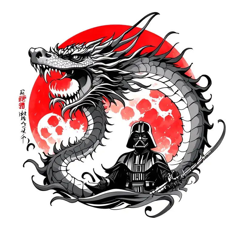 Japanese Dragon With Samuari Darth Vader In Front With Red Moon Behind