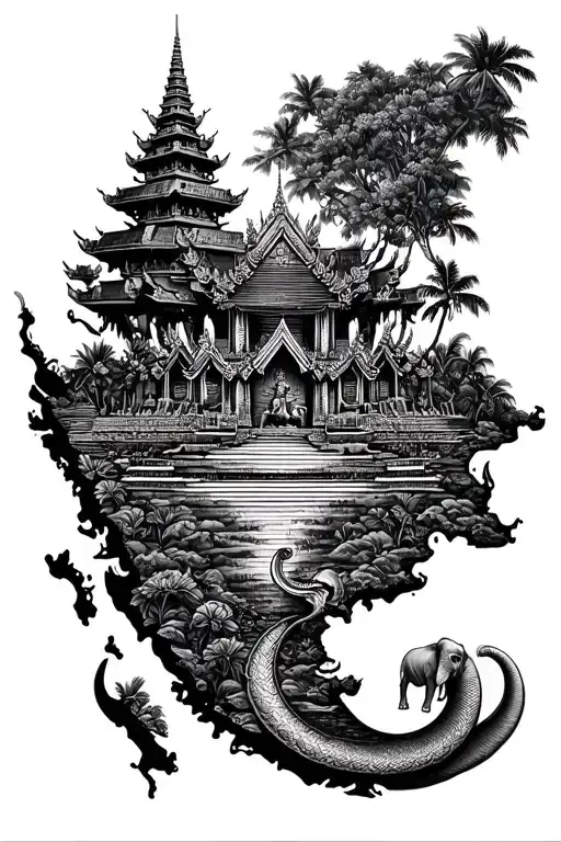 Map Of Thailand With Longtail And Elephant And Temple Inside The Map