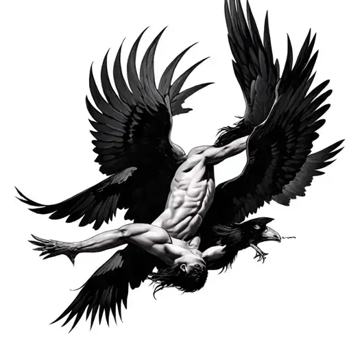 Icarus Falling With Black Ravens Encircling Him