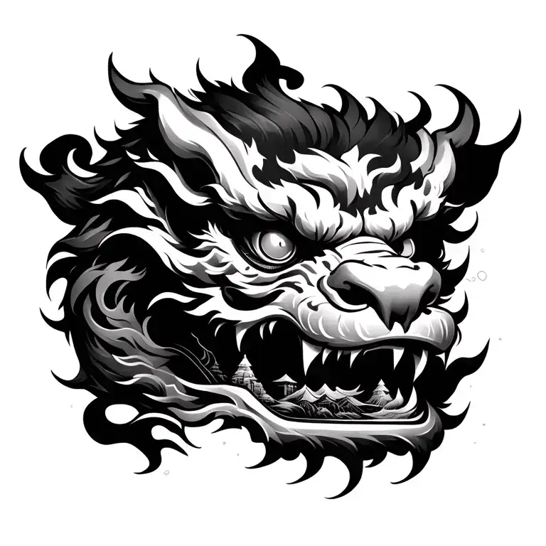 Foo Dog Tearing Open Skin To Reveal An Asian Landscape