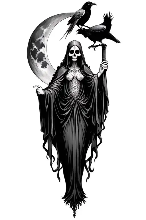 Santa Muerte Holding A Scythe With A Raven Perched On Top Add Crescent Moon In Background