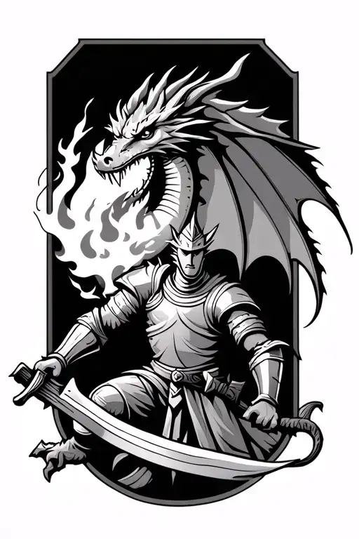 Medieval Dragon Breathing Fire Above A Knight Holding A Sword