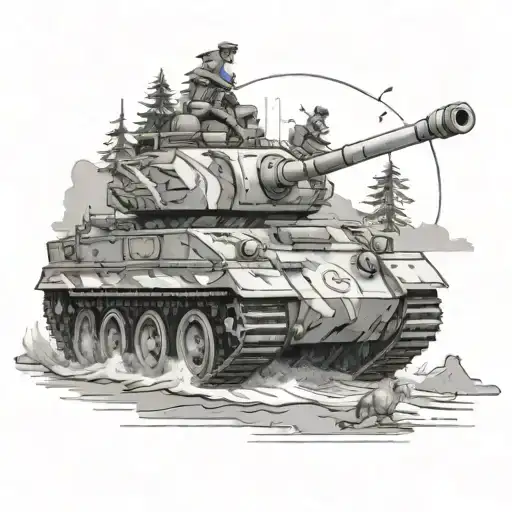Anime-style Army Tank Cruising Along A Beach With Wolves Running Alongside