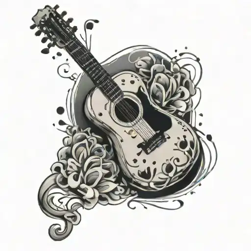 A Sleeve Tattoo Featuring A Guitar Surrounded By Cat Paw Prints