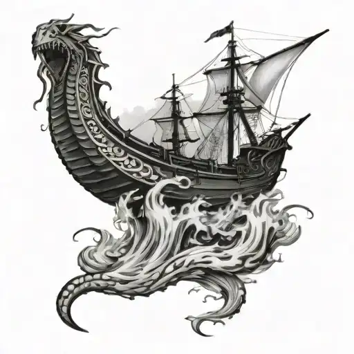 Long Slender Sea Serpent Attacking An Old Midieval Style Ship Causing It To Sink Into The Ocean