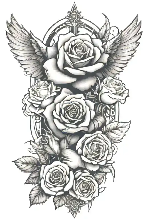 A Cross A Rose Cluds And A Dove Flying