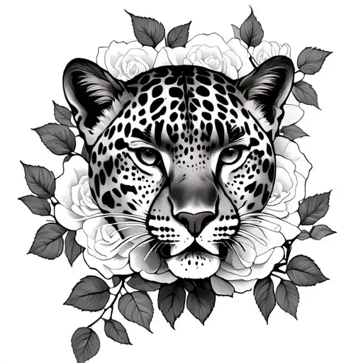 Leopard And Rose With A Vine On Which Small Roses