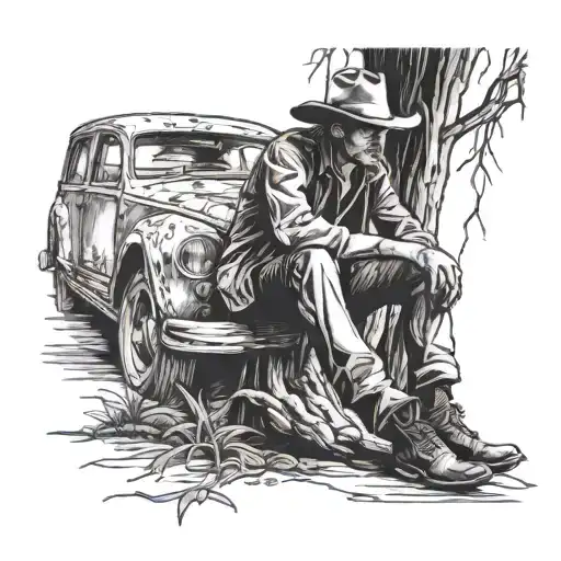 Cowboy Sitting By A Tree With A Gto In The Back Simple