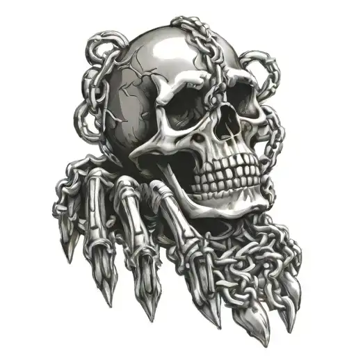 Skeleton Fingers With Skull On Hand With Chains