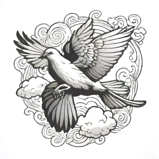 Dove Bird Flying In Cloud Background Black And White