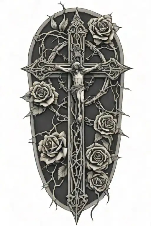 Cross Wrapped In Barbed Wire With Roses With Thorns And Jesus