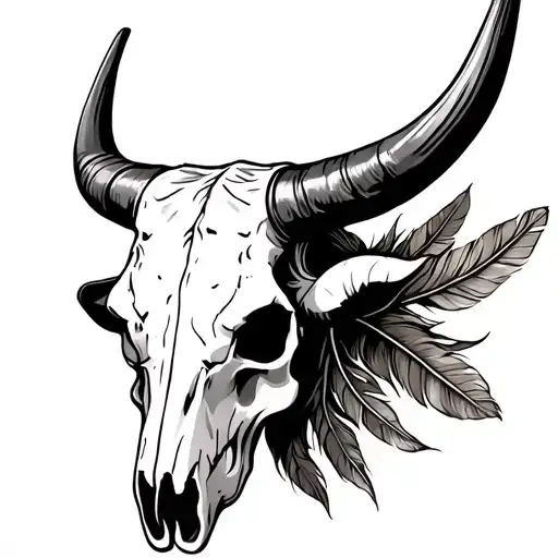 Longhorn Bull Skull Head With Feathers Ahanging From The Horns
